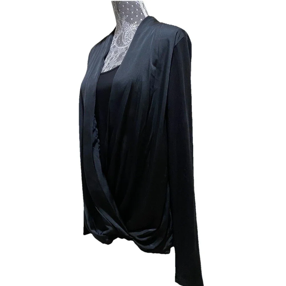 Michael Kors Women L Black Draped Crossover Blouse L/S Surplice Wrap Shirt Top